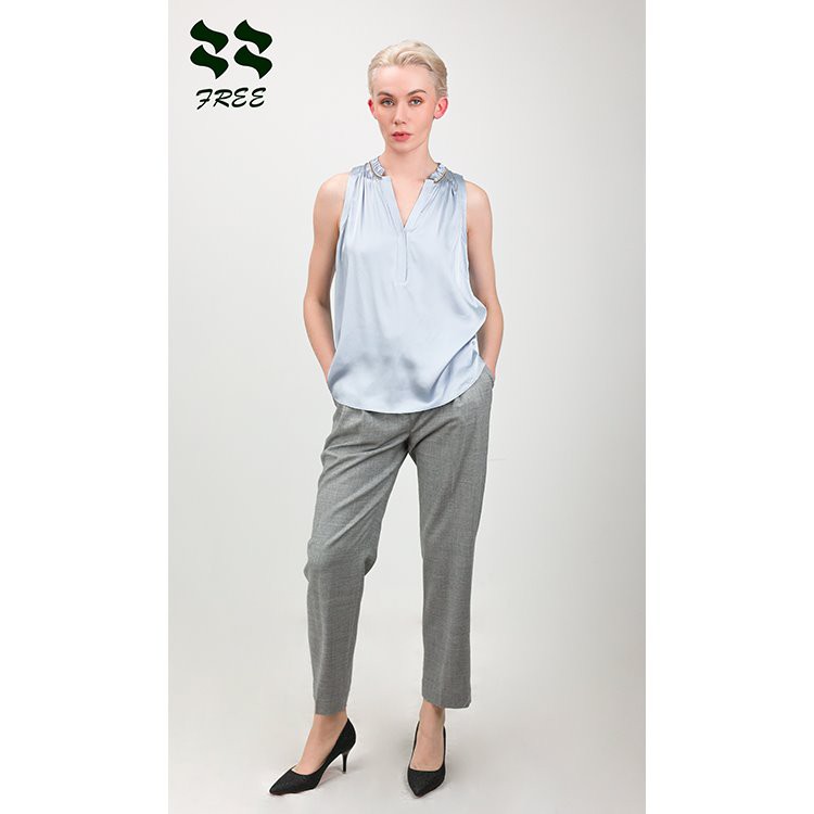 Womens Light Blue Silk Blouse With Pearl V Neck